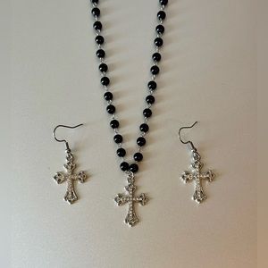 Black Beaded Necklace With Silver Cross Pendant
